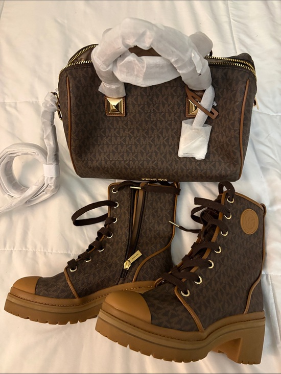 Michael Kors Handbags - Michael Kors Brown Monogram Satchel and Lace-Up Heeled Boots